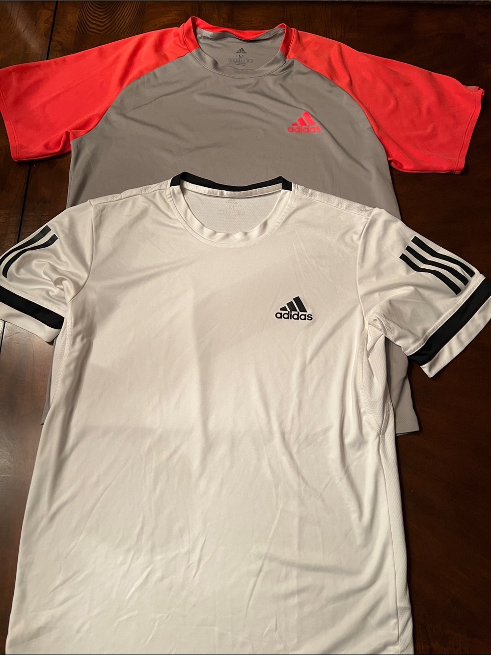Bundle of 2 Adidas Men’s White Athletic Tee with Black Accents& Gray with Orange